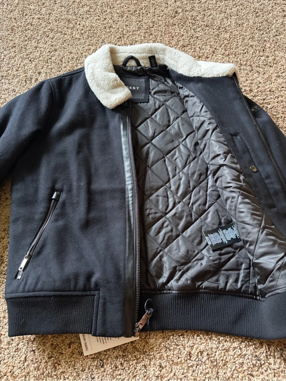 DKNY Black Bomber Jacket with Cream Sherpa Collar